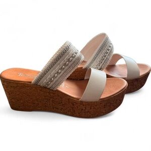 Toscanella White Beaded Leather Cork Wedged Sandals